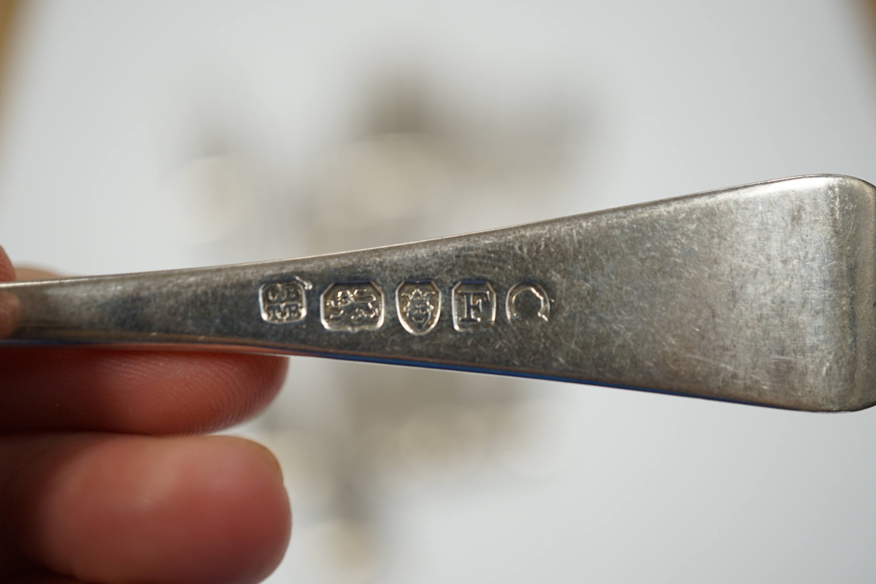 Five Victorian silver fiddle pattern dessert forks, London, 1854 and three George III silver dessert forks, 10.9oz.
